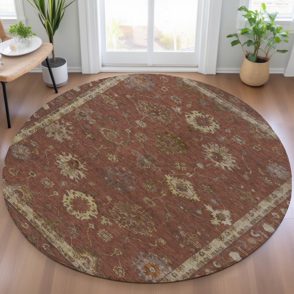 Machine Washable Indoor/Outdoor Chantille ACN2045 Paprika 8' x 8' Round Rug. Picture 5
