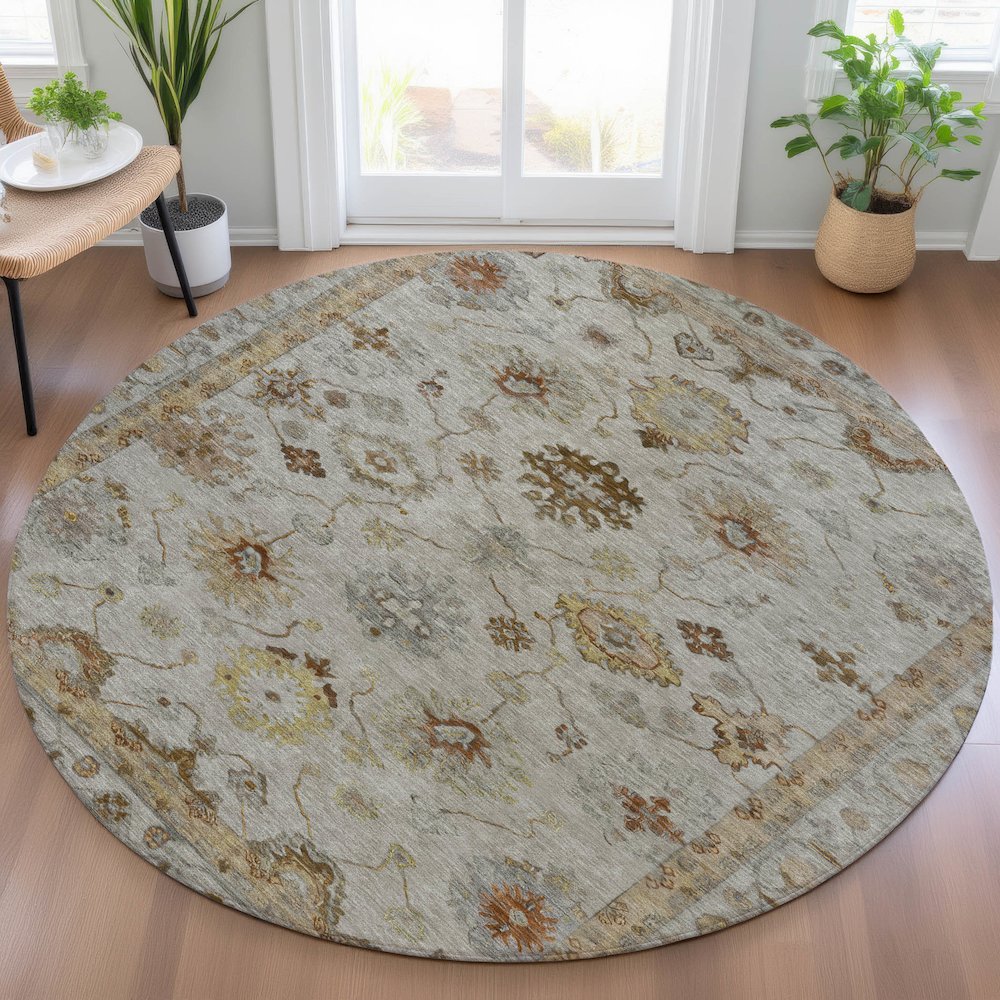Machine Washable Indoor/Outdoor Chantille ACN2045 Taupe 8' x 8' Round Rug. Picture 5