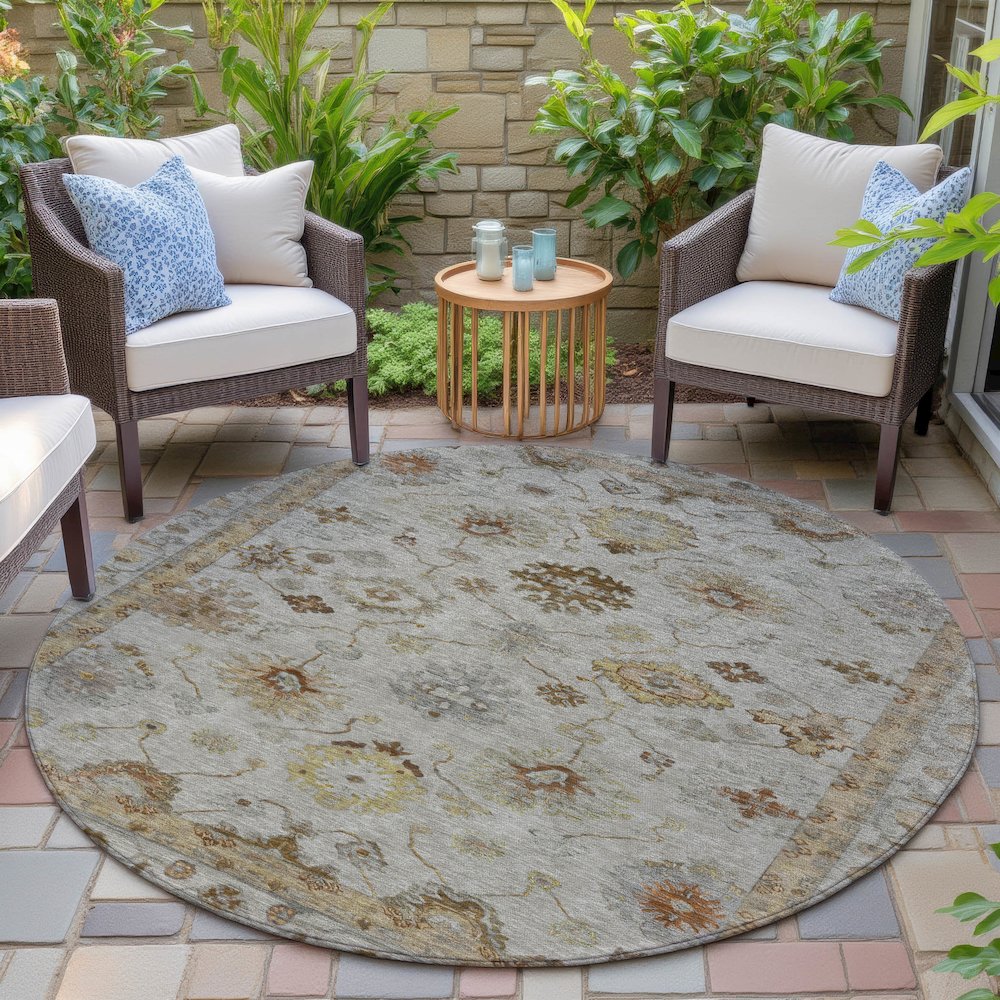 Machine Washable Indoor/Outdoor Chantille ACN2045 Taupe 8' x 8' Round Rug. Picture 6