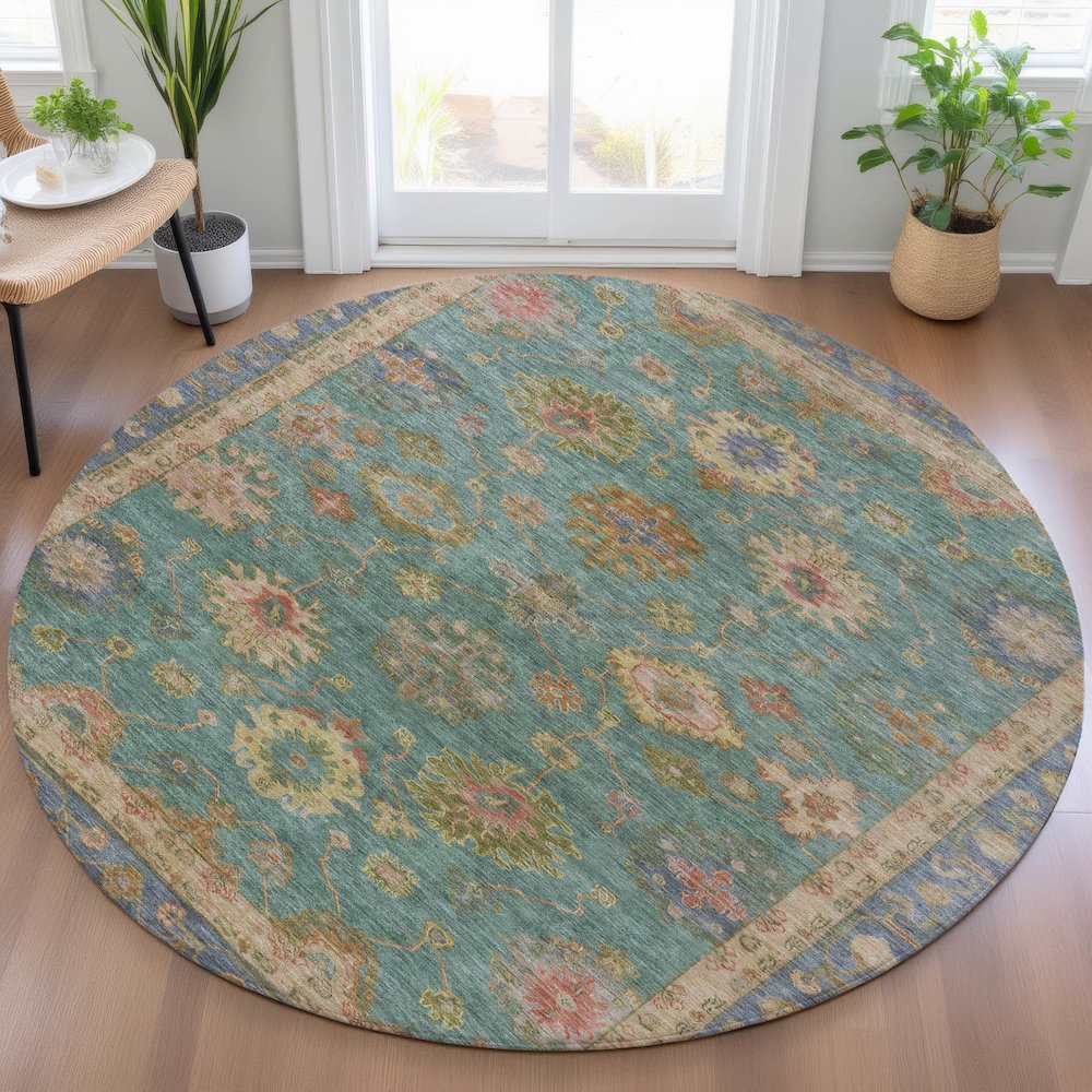 Machine Washable Indoor/Outdoor Chantille ACN2045 Teal 8' x 8' Round Rug. Picture 5