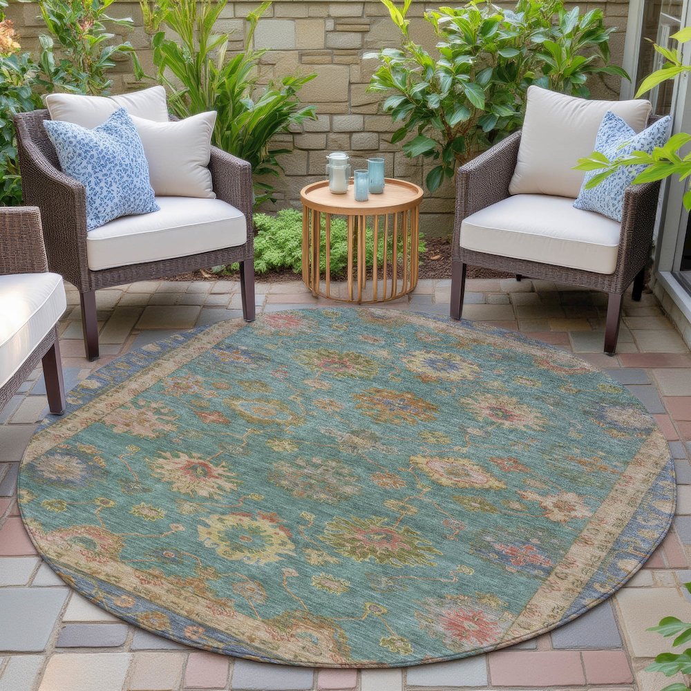 Machine Washable Indoor/Outdoor Chantille ACN2045 Teal 8' x 8' Round Rug. Picture 6