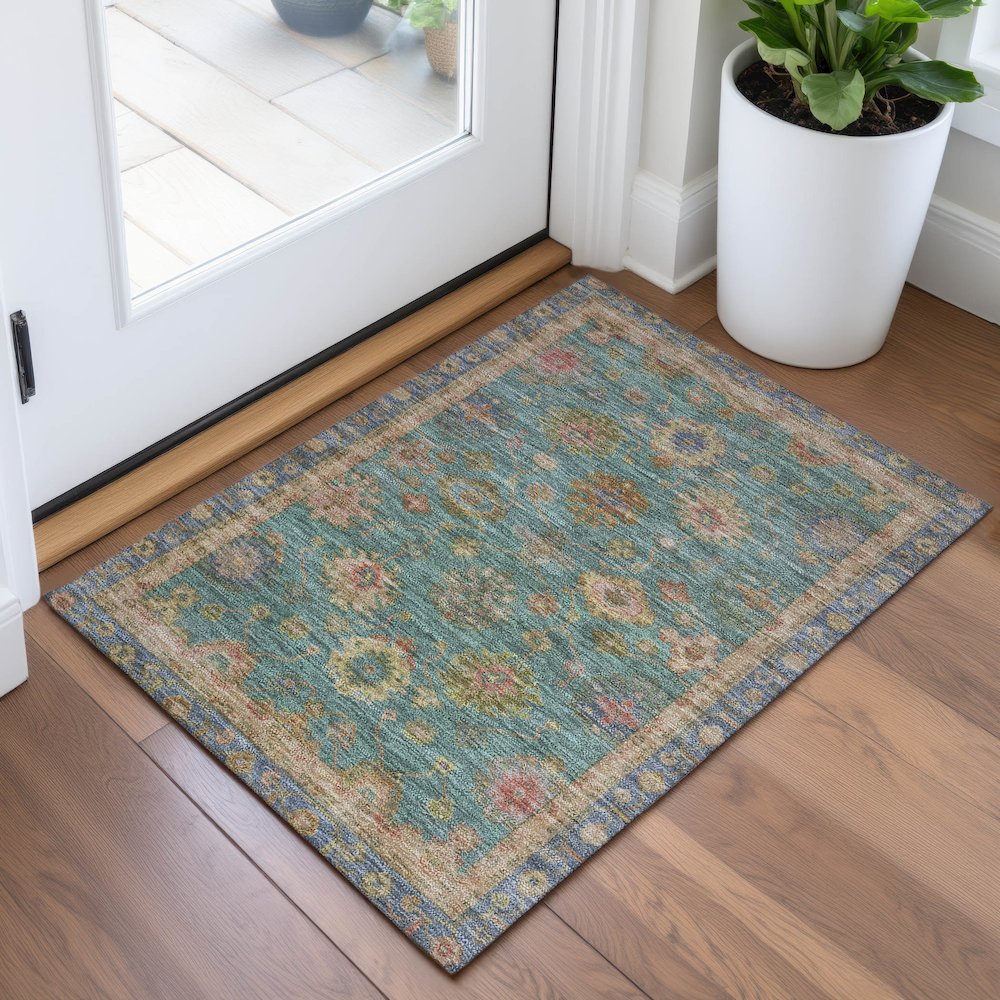 Machine Washable Indoor/Outdoor Chantille ACN2045 Teal 1'8" x 2'6" Rug. Picture 5