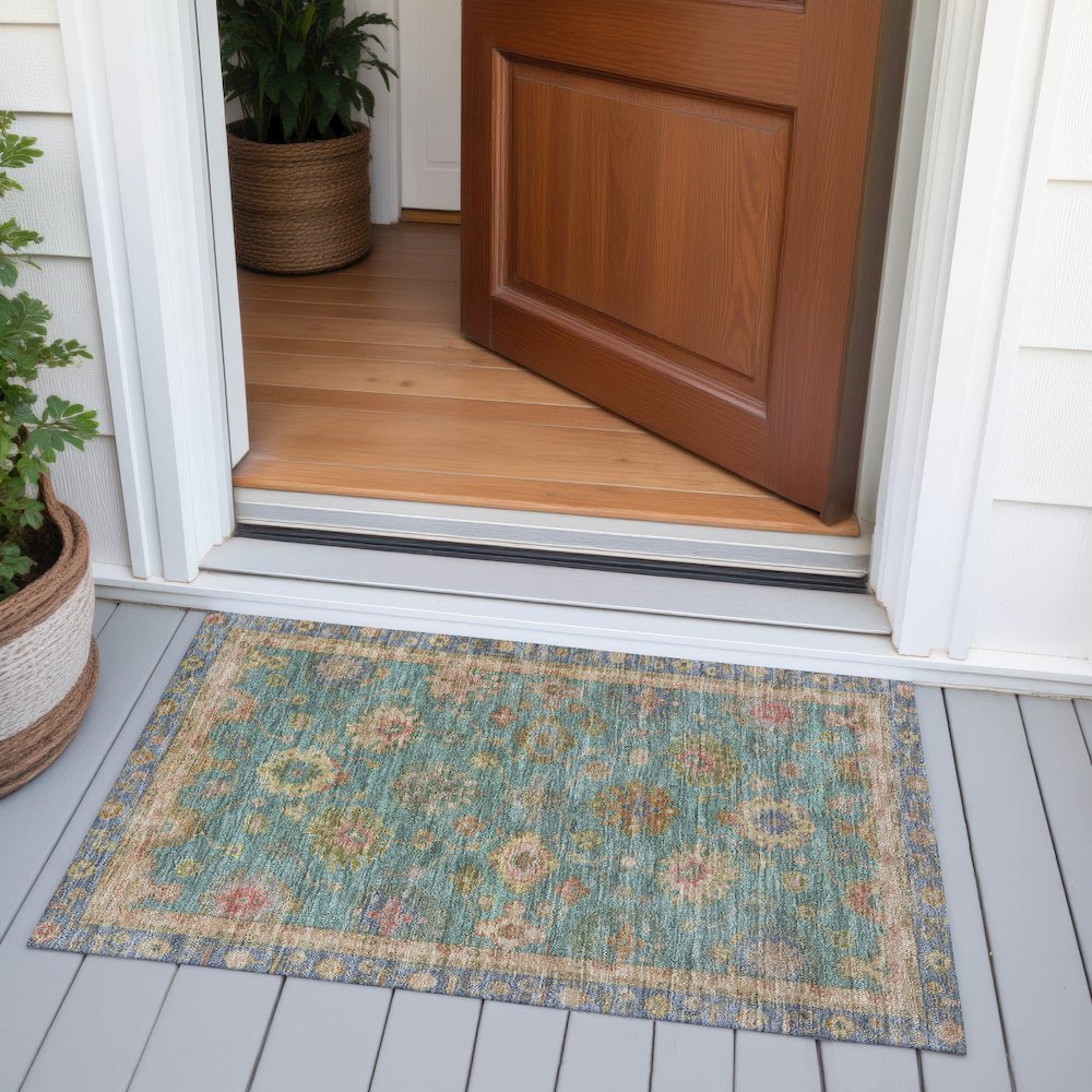 Machine Washable Indoor/Outdoor Chantille ACN2045 Teal 1'8" x 2'6" Rug. Picture 6