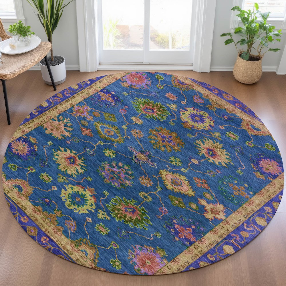 Machine Washable Indoor/Outdoor Chantille ACN2046 Blue 8' x 8' Round Rug. Picture 5