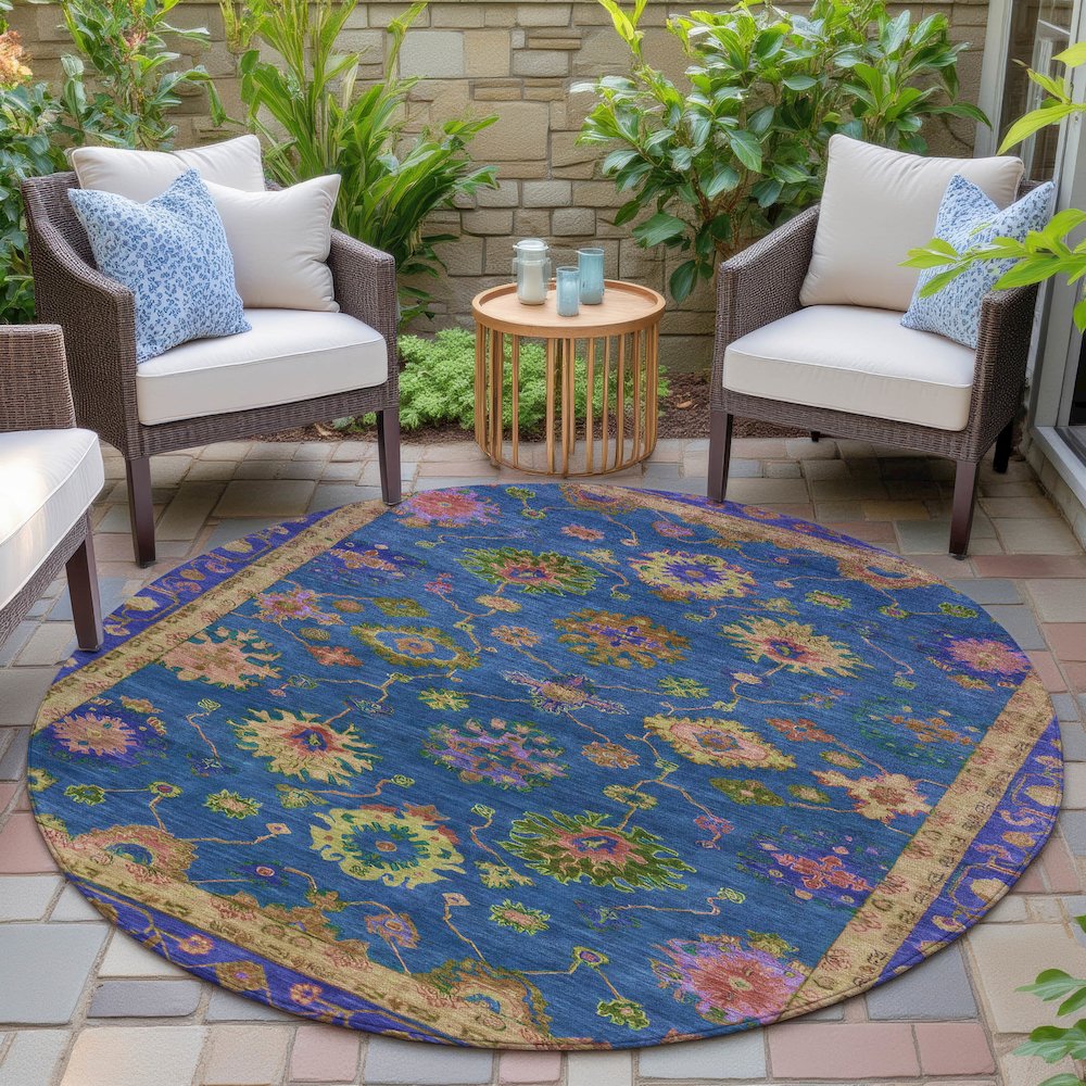 Machine Washable Indoor/Outdoor Chantille ACN2046 Blue 8' x 8' Round Rug. Picture 6