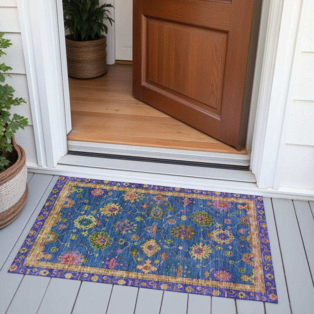 Machine Washable Indoor/Outdoor Chantille ACN2046 Blue 1'8" x 2'6" Rug. Picture 6