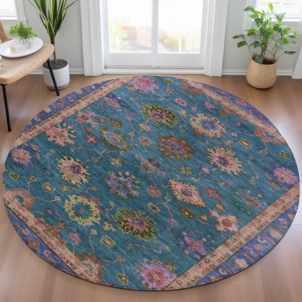 Machine Washable Indoor/Outdoor Chantille ACN2046 Teal 8' x 8' Round Rug. Picture 5