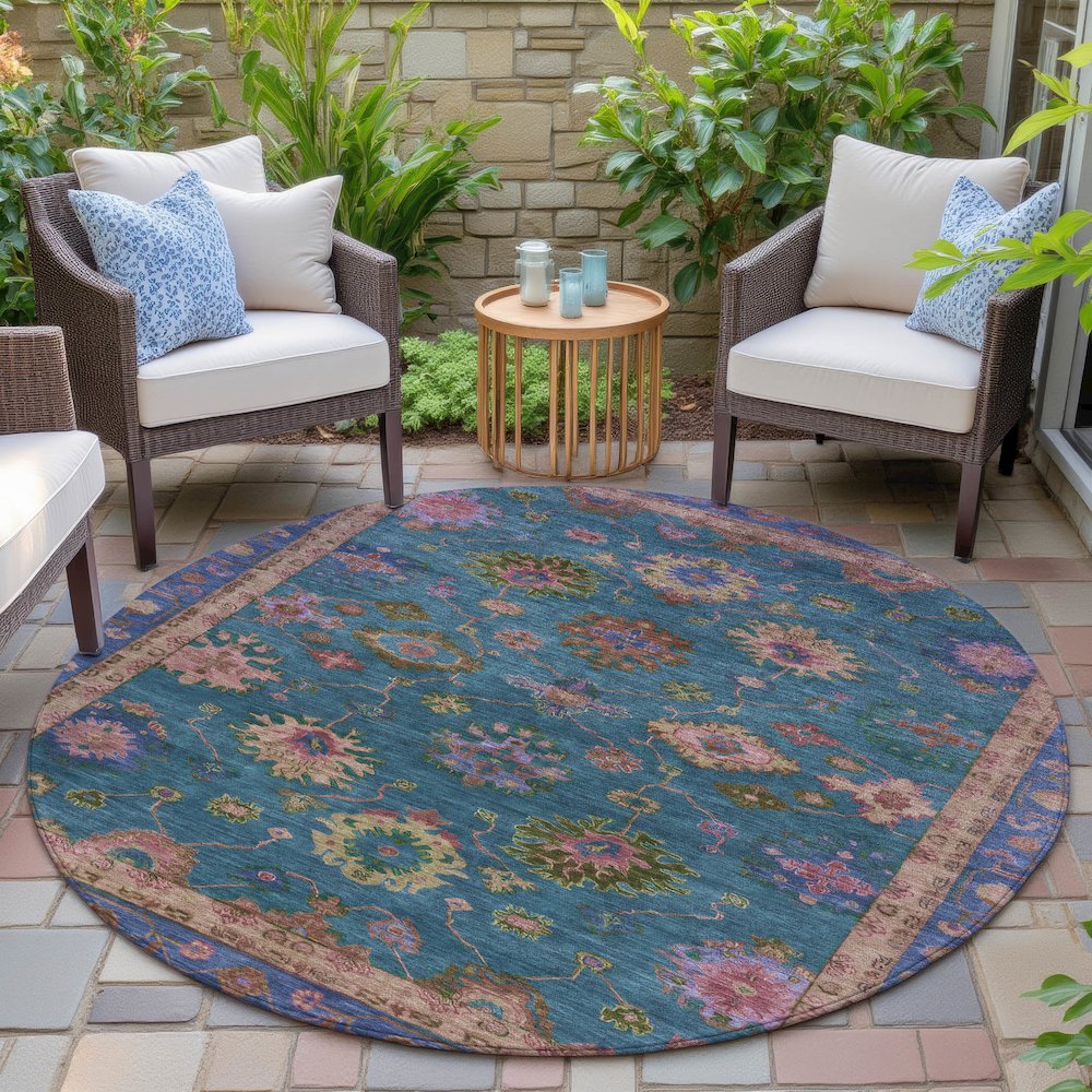 Machine Washable Indoor/Outdoor Chantille ACN2046 Teal 8' x 8' Round Rug. Picture 6