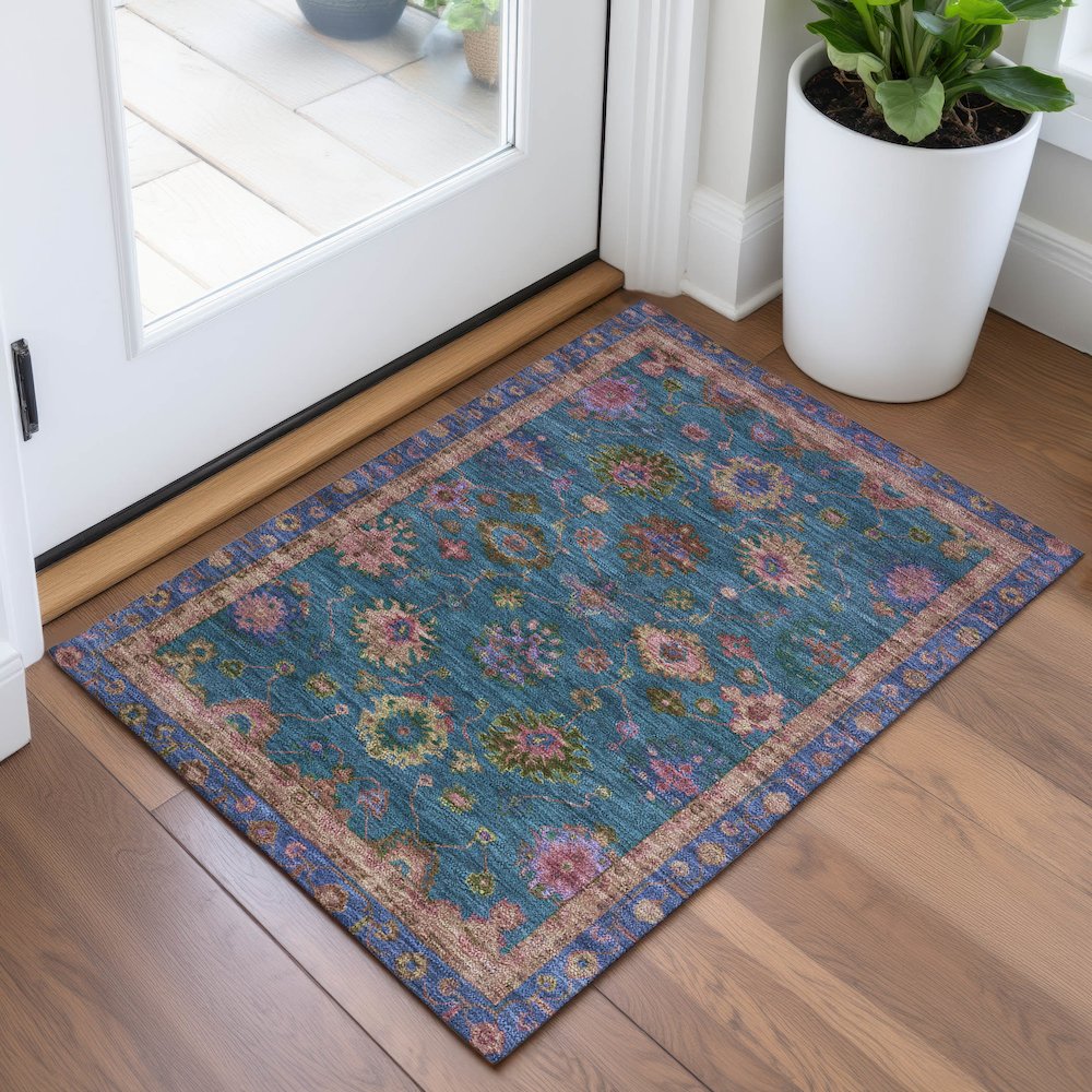 Machine Washable Indoor/Outdoor Chantille ACN2046 Teal 1'8" x 2'6" Rug. Picture 5