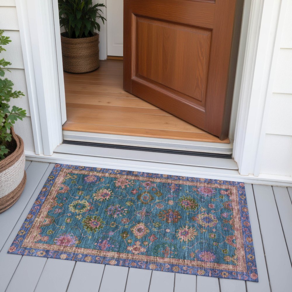 Machine Washable Indoor/Outdoor Chantille ACN2046 Teal 1'8" x 2'6" Rug. Picture 6