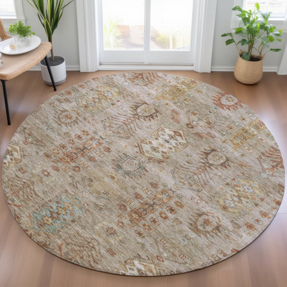 Machine Washable Indoor/Outdoor Chantille ACN2047 Beige 8' x 8' Round Rug. Picture 5