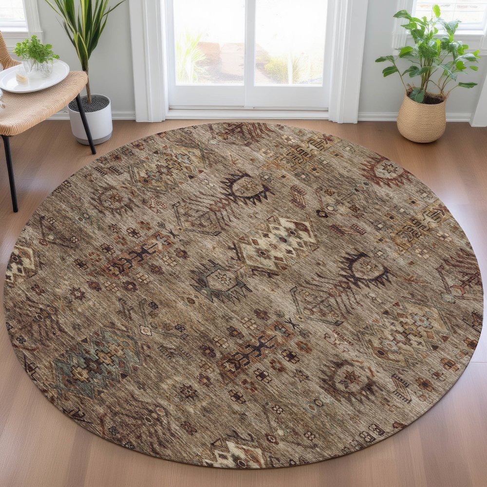 Machine Washable Indoor/Outdoor Chantille ACN2047 Brown 8' x 8' Round Rug. Picture 5