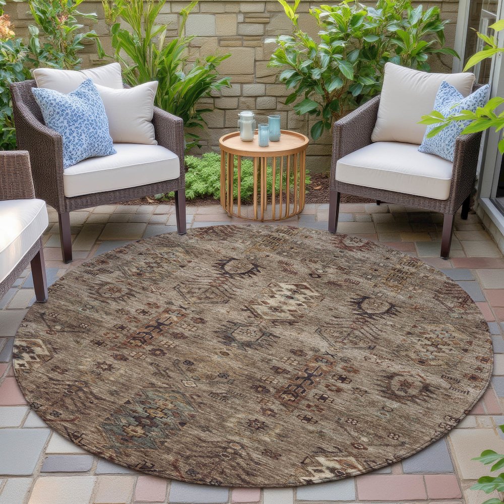Machine Washable Indoor/Outdoor Chantille ACN2047 Brown 8' x 8' Round Rug. Picture 6