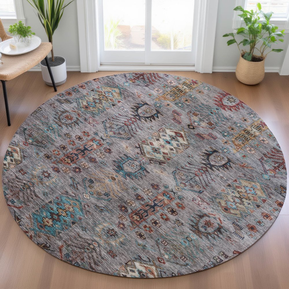 Machine Washable Indoor/Outdoor Chantille ACN2047 Gray 8' x 8' Round Rug. Picture 5