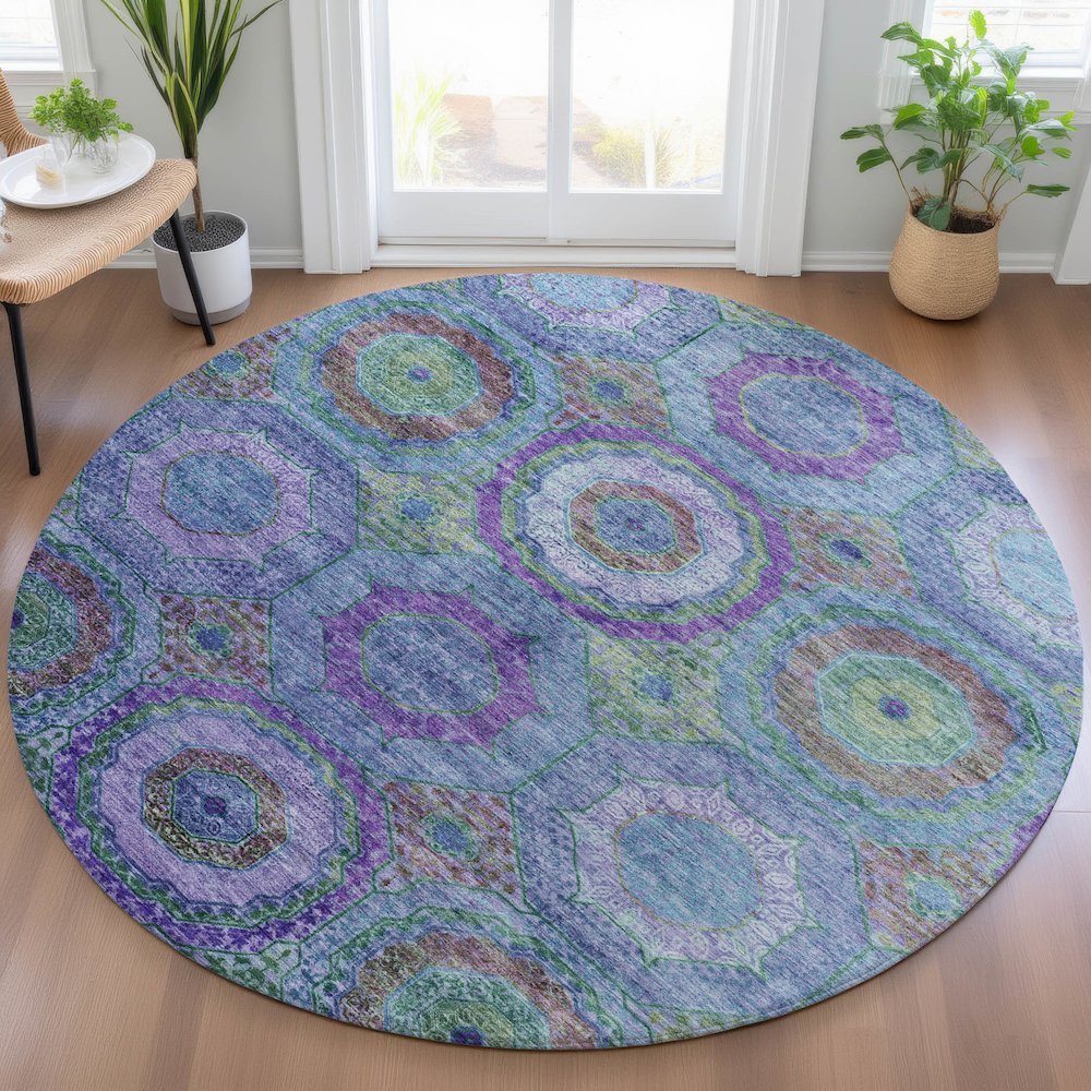 Machine Washable Indoor/Outdoor Chantille ACN2049 Blue 8' x 8' Round Rug. Picture 5