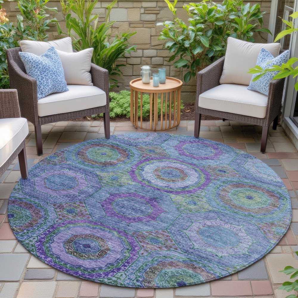 Machine Washable Indoor/Outdoor Chantille ACN2049 Blue 8' x 8' Round Rug. Picture 6