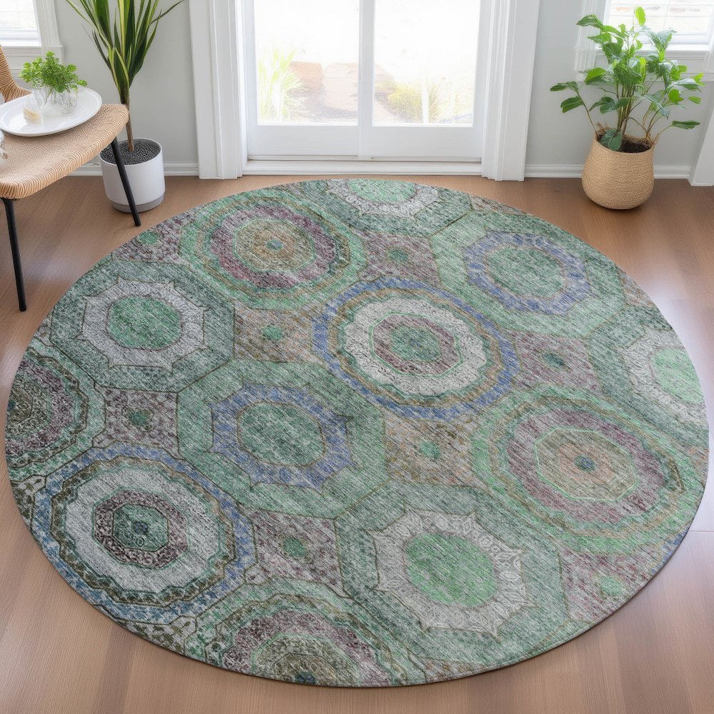 Machine Washable Indoor/Outdoor Chantille ACN2049 Green 8' x 8' Round Rug. Picture 5