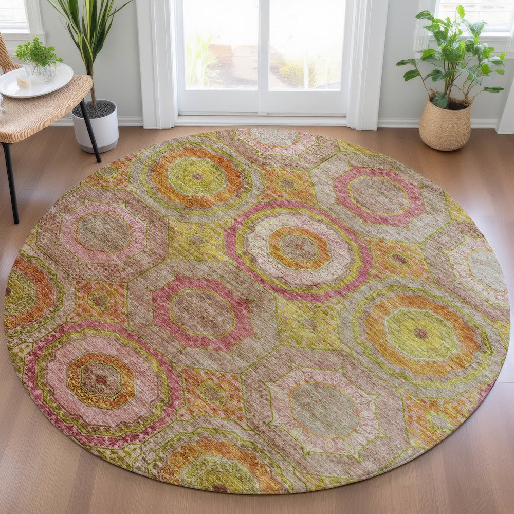 Machine Washable Indoor/Outdoor Chantille ACN2049 Orange 8' x 8' Round Rug. Picture 5