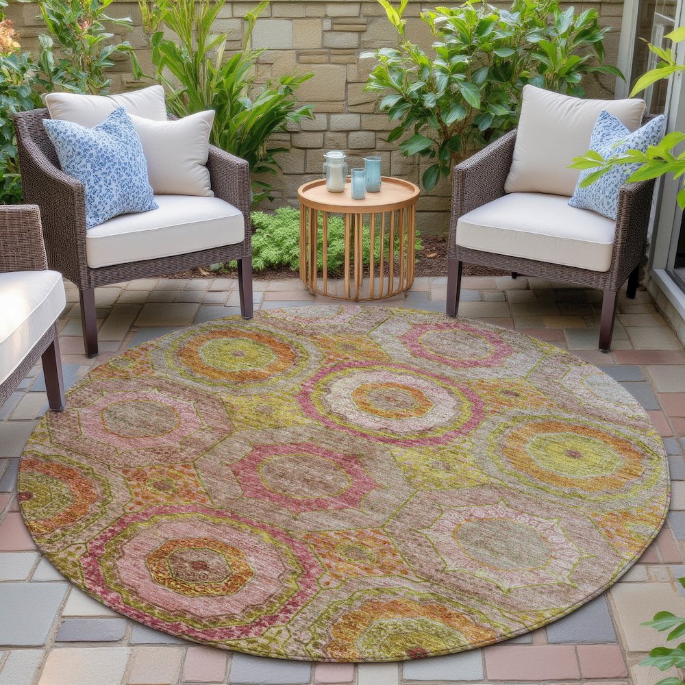 Machine Washable Indoor/Outdoor Chantille ACN2049 Orange 8' x 8' Round Rug. Picture 6