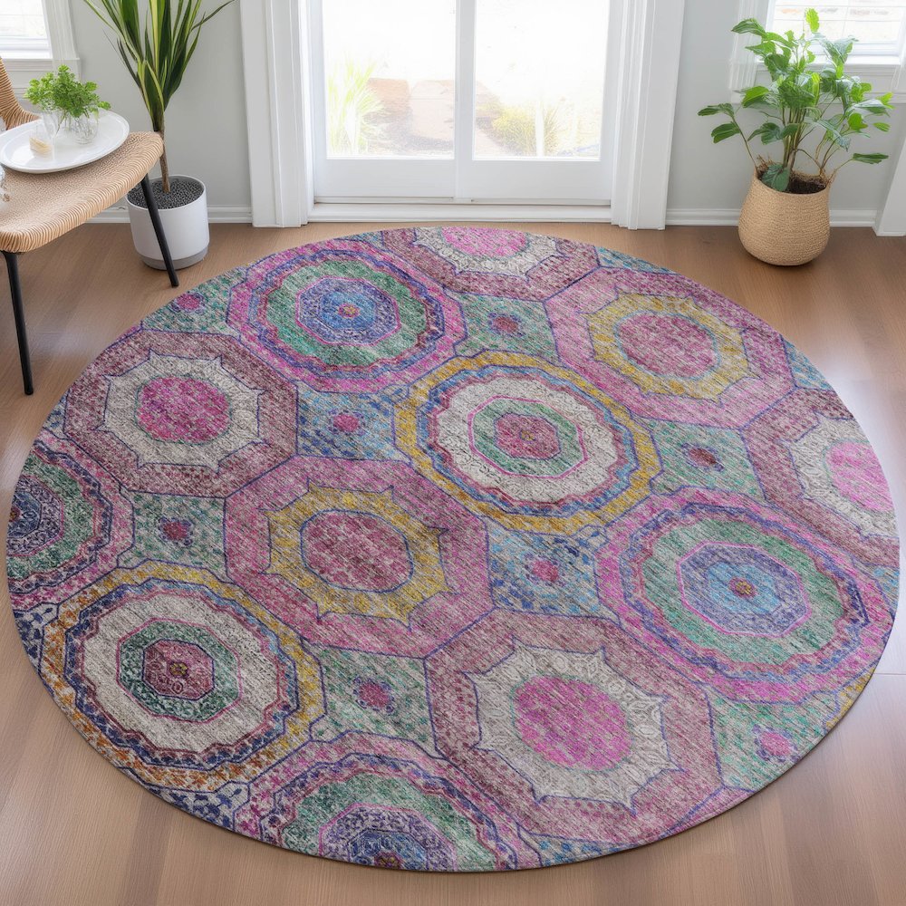 Machine Washable Indoor/Outdoor Chantille ACN2049 Pink 8' x 8' Round Rug. Picture 5