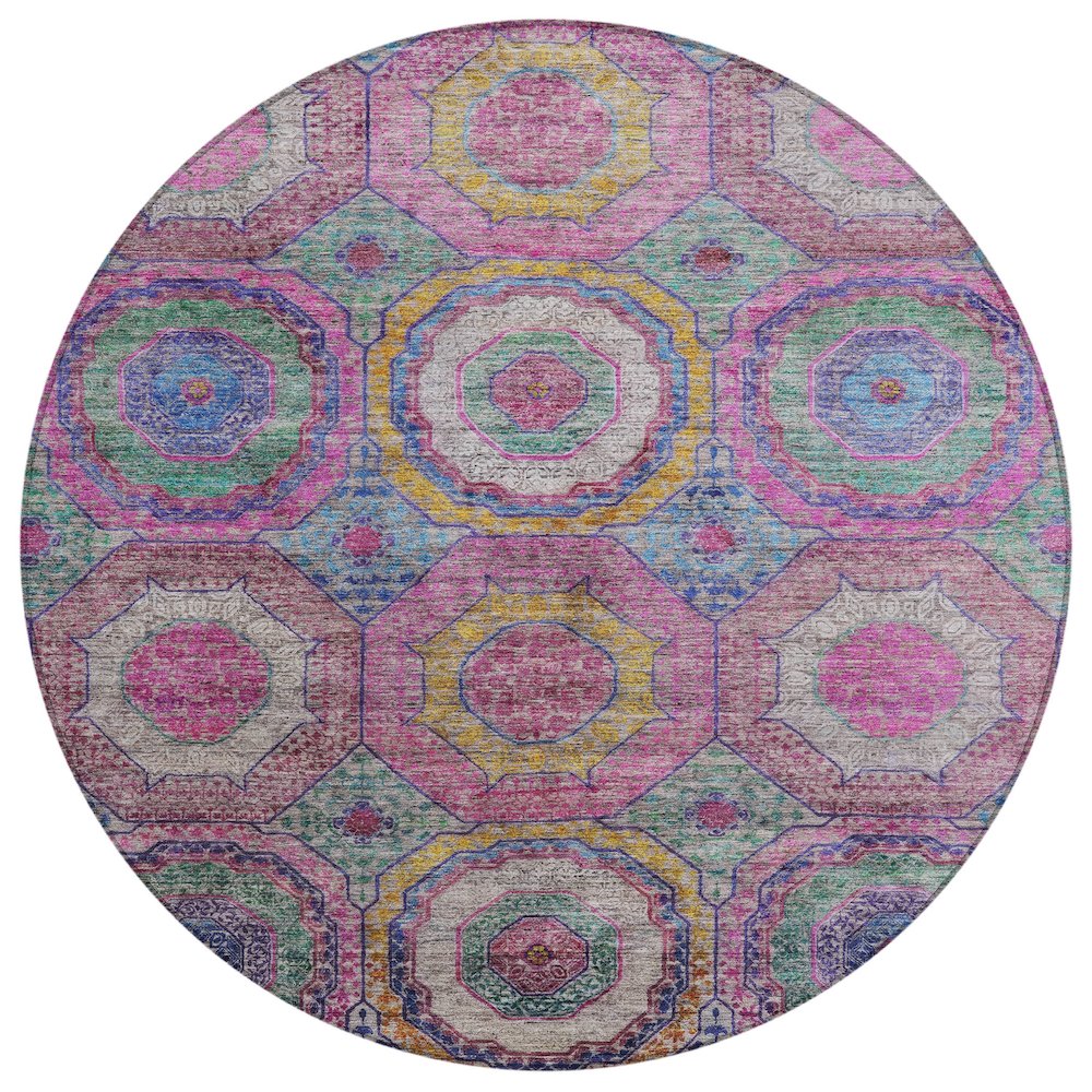 Machine Washable Indoor/Outdoor Chantille ACN2049 Pink 8' x 8' Round Rug. Picture 1