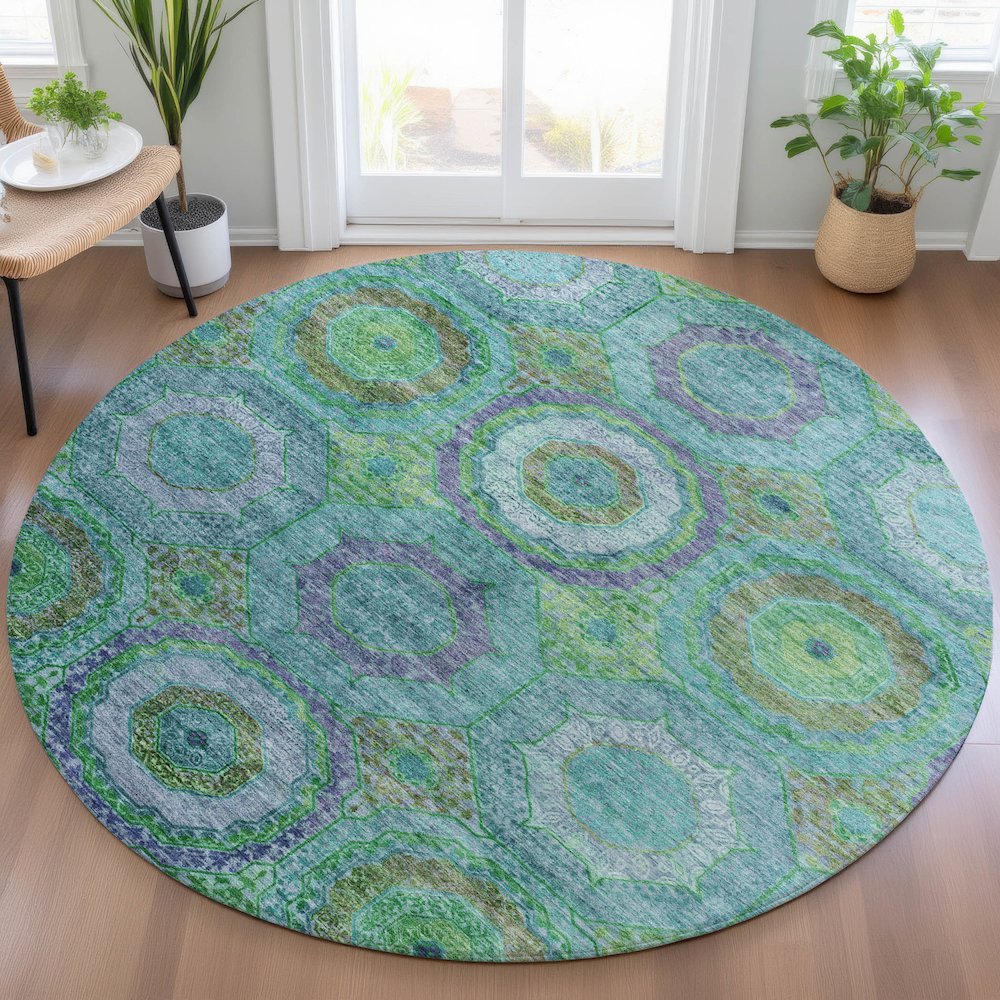 Machine Washable Indoor/Outdoor Chantille ACN2049 Teal 8' x 8' Round Rug. Picture 5