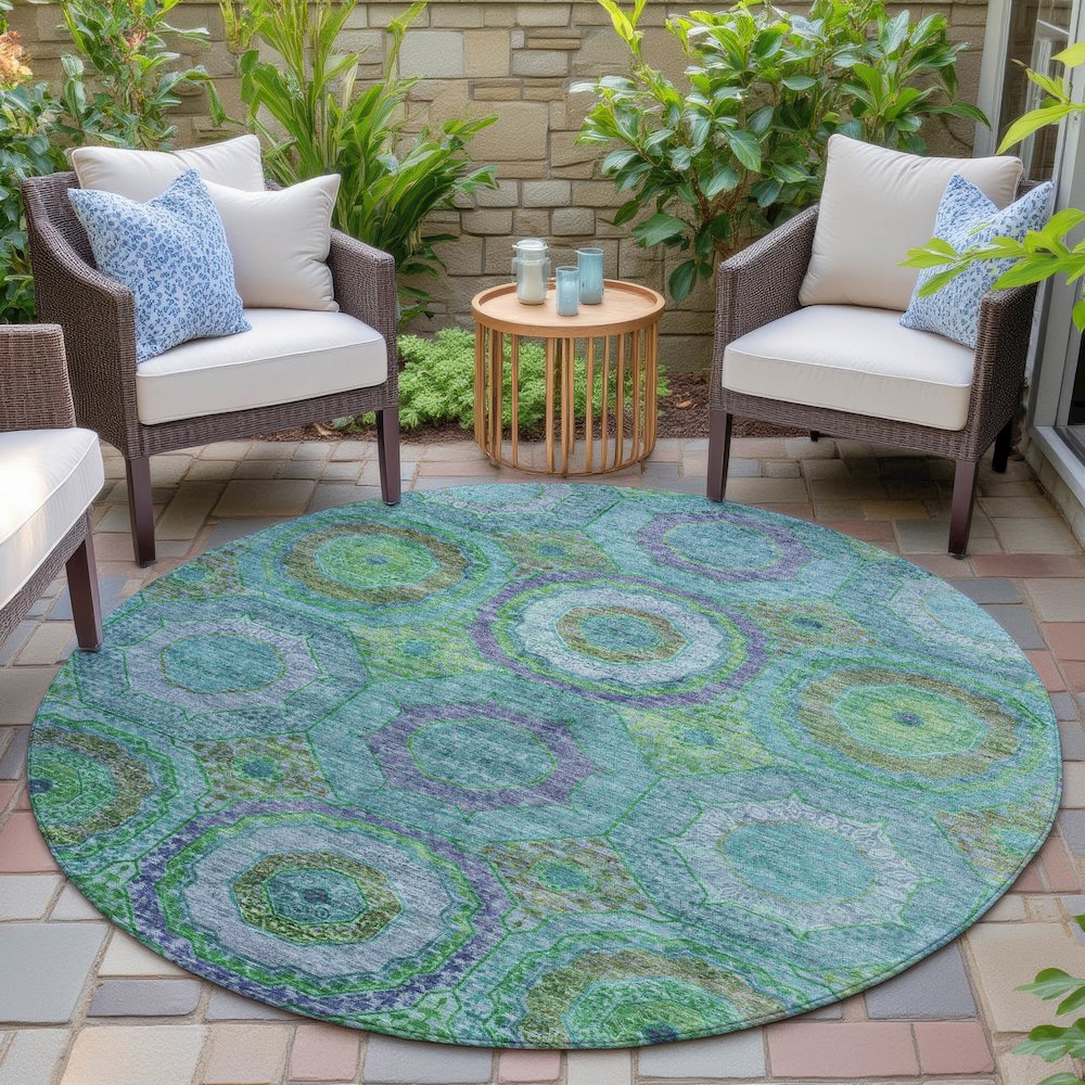 Machine Washable Indoor/Outdoor Chantille ACN2049 Teal 8' x 8' Round Rug. Picture 6