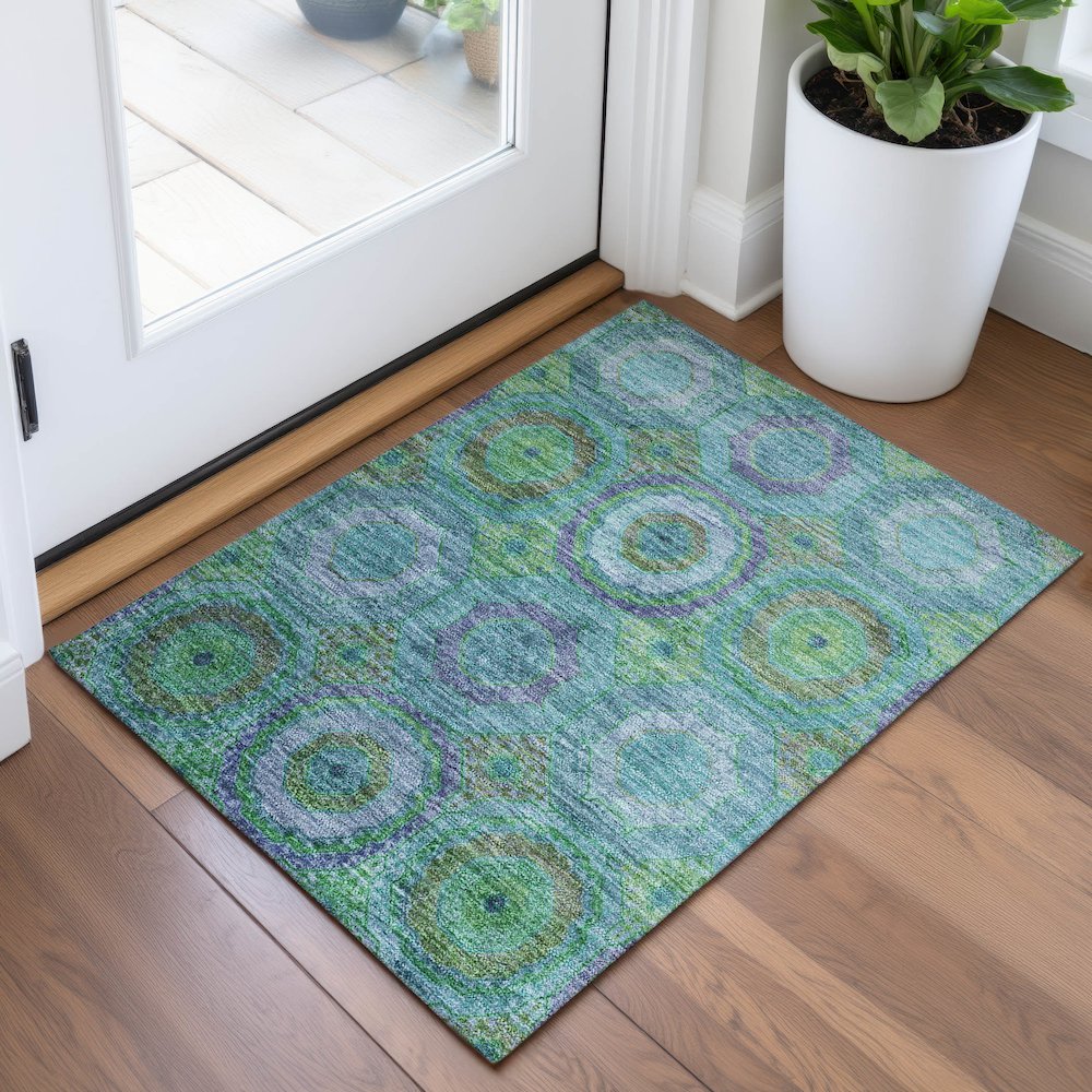 Machine Washable Indoor/Outdoor Chantille ACN2049 Teal 1'8" x 2'6" Rug. Picture 5