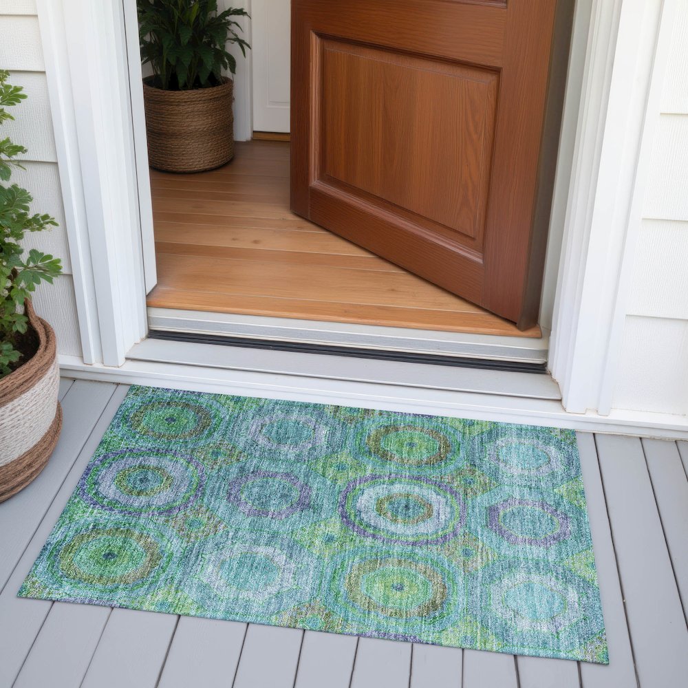 Machine Washable Indoor/Outdoor Chantille ACN2049 Teal 1'8" x 2'6" Rug. Picture 6