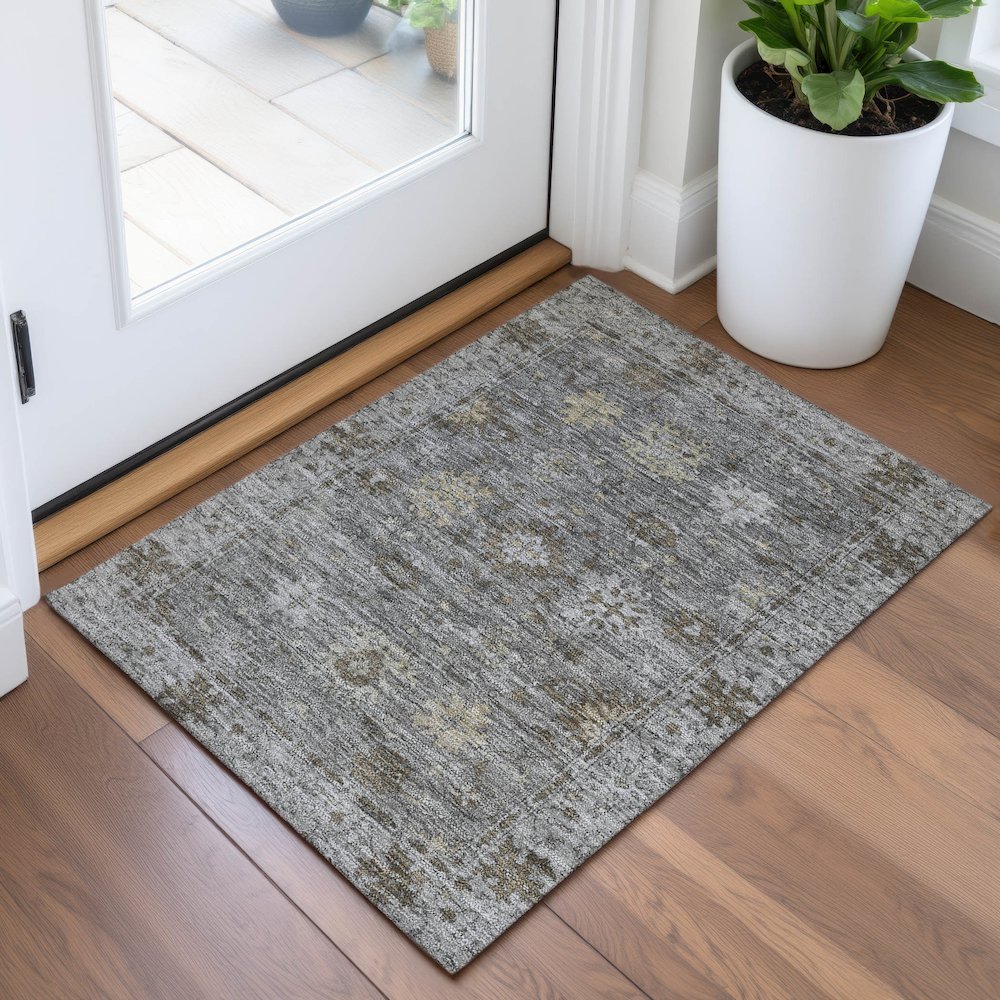 Machine Washable Indoor/Outdoor Chantille ACN2051 Pewter 1'8" x 2'6" Rug. Picture 5