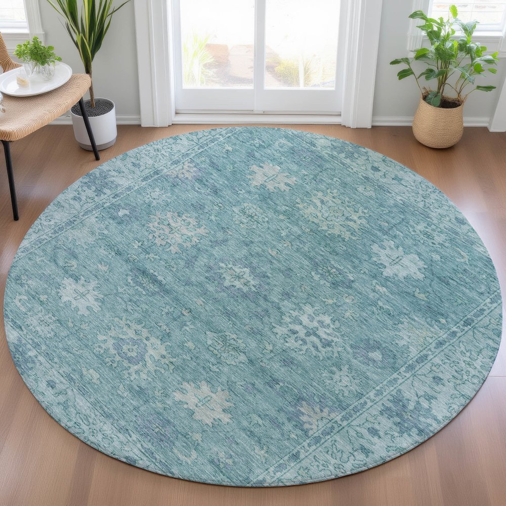 Machine Washable Indoor/Outdoor Chantille ACN2051 Teal 8' x 8' Round Rug. Picture 5