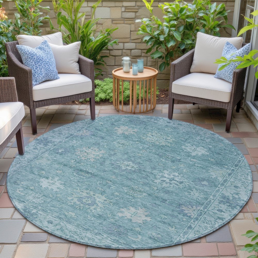Machine Washable Indoor/Outdoor Chantille ACN2051 Teal 8' x 8' Round Rug. Picture 6