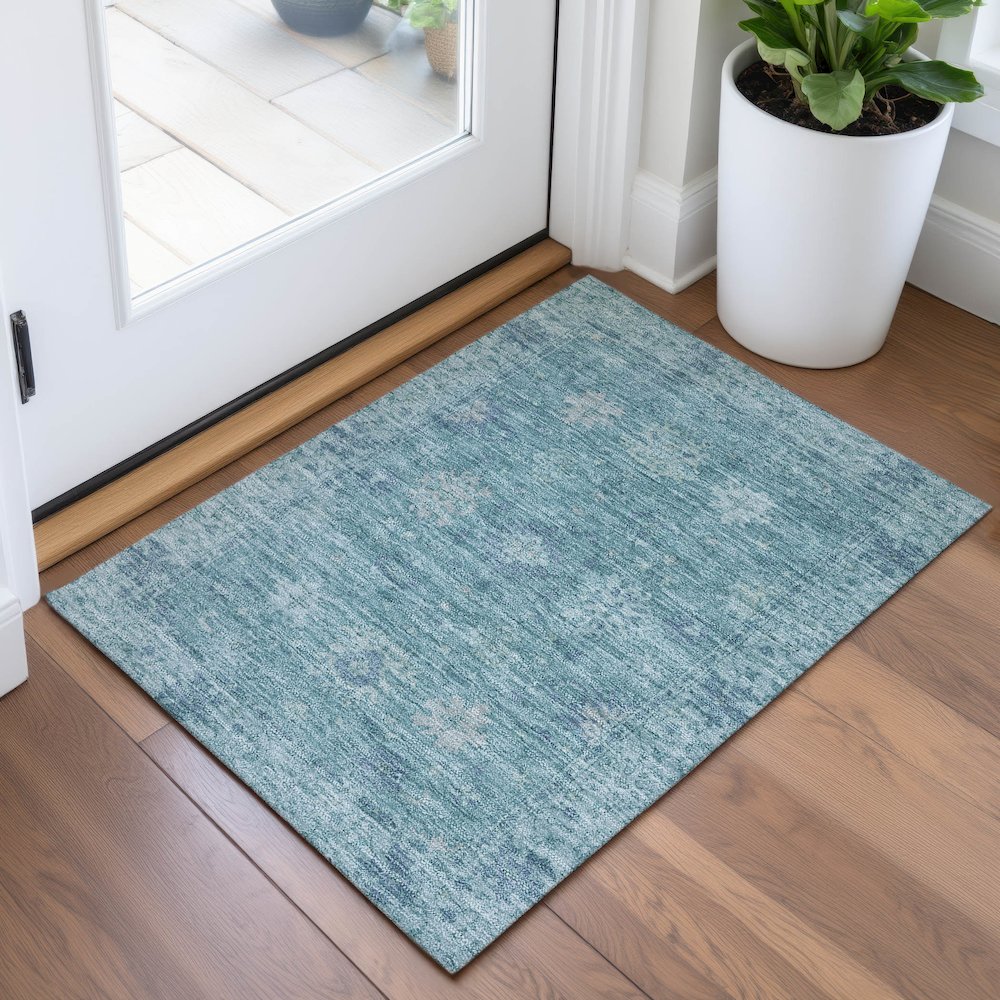 Machine Washable Indoor/Outdoor Chantille ACN2051 Teal 1'8" x 2'6" Rug. Picture 5
