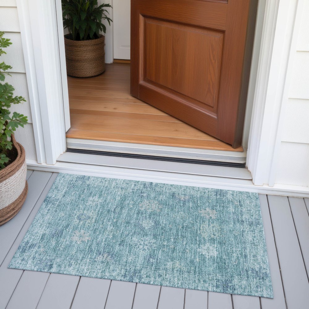 Machine Washable Indoor/Outdoor Chantille ACN2051 Teal 1'8" x 2'6" Rug. Picture 6