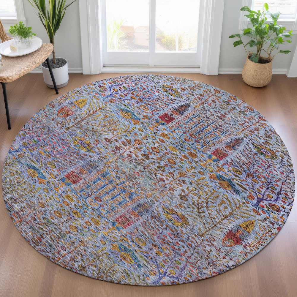 Machine Washable Indoor/Outdoor Chantille ACN2053 Blue 8' x 8' Round Rug. Picture 5