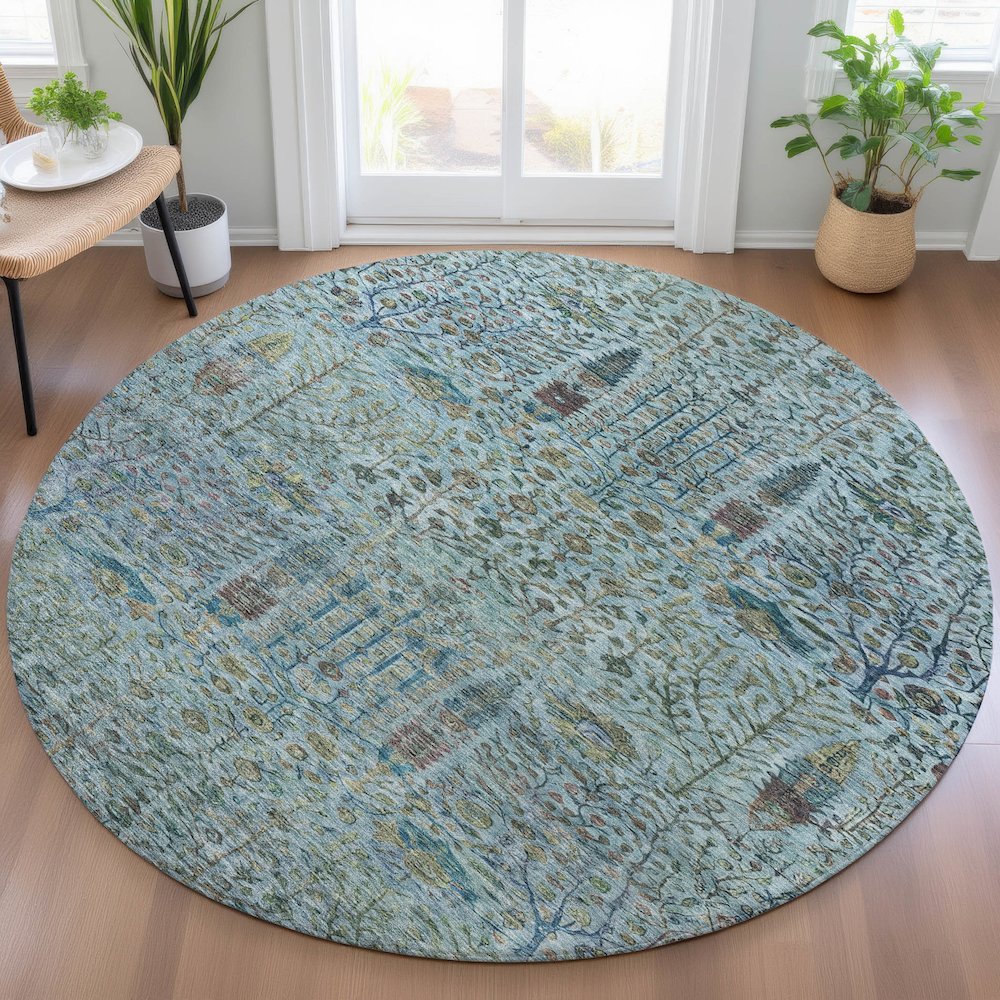 Machine Washable Indoor/Outdoor Chantille ACN2053 Teal 8' x 8' Round Rug. Picture 5