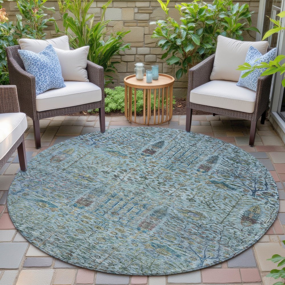Machine Washable Indoor/Outdoor Chantille ACN2053 Teal 8' x 8' Round Rug. Picture 6