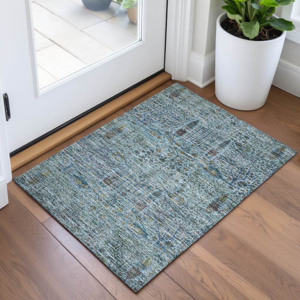 Machine Washable Indoor/Outdoor Chantille ACN2053 Teal 1'8" x 2'6" Rug. Picture 5