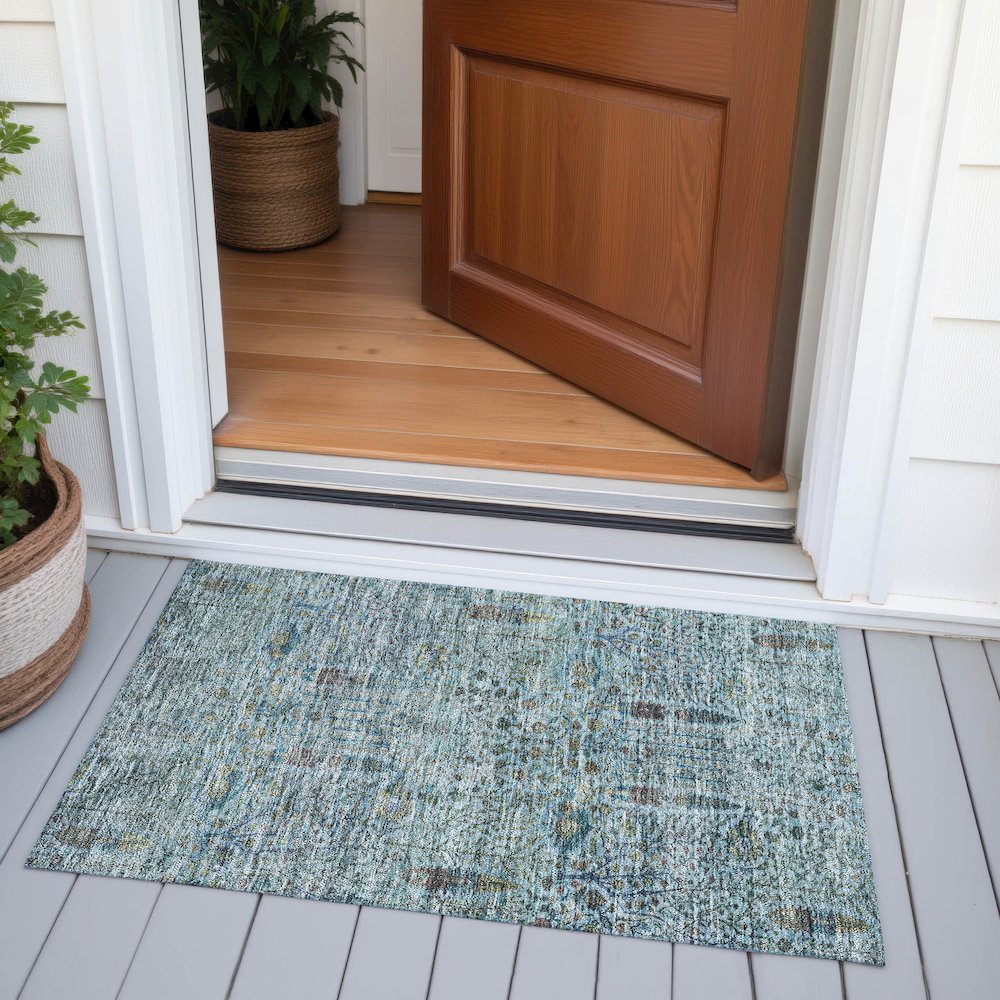 Machine Washable Indoor/Outdoor Chantille ACN2053 Teal 1'8" x 2'6" Rug. Picture 6