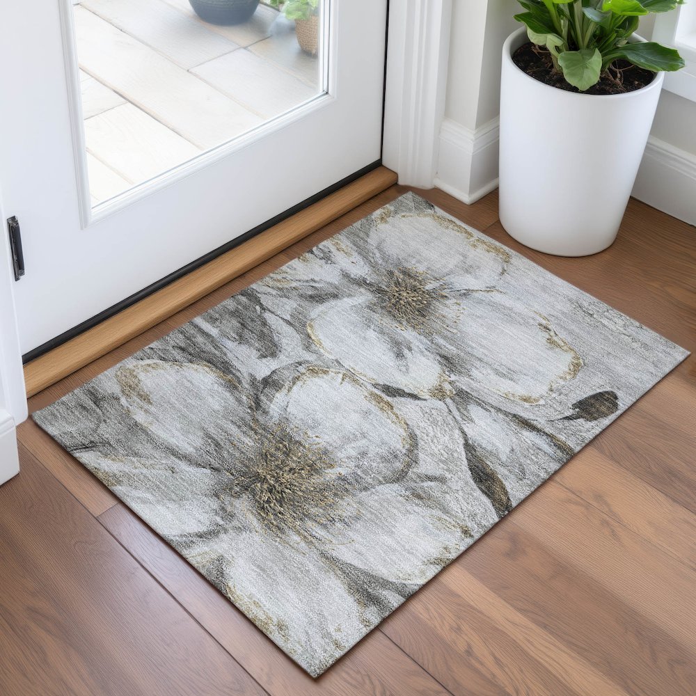 Machine Washable Indoor/Outdoor Chantille ACN2055 Silver 1'8" x 2'6" Rug. Picture 5