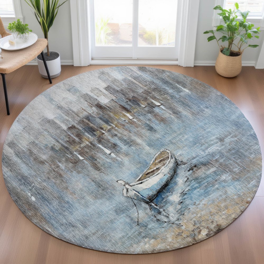 Machine Washable Indoor/Outdoor Chantille ACN2056 Blue 8' x 8' Round Rug. Picture 5