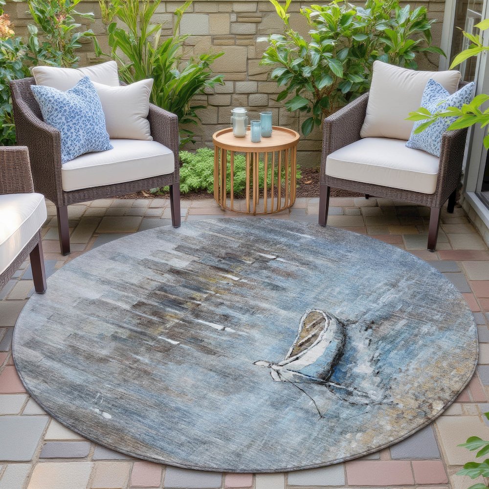 Machine Washable Indoor/Outdoor Chantille ACN2056 Blue 8' x 8' Round Rug. Picture 6