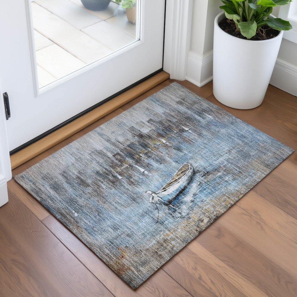 Machine Washable Indoor/Outdoor Chantille ACN2056 Blue 1'8" x 2'6" Rug. Picture 5