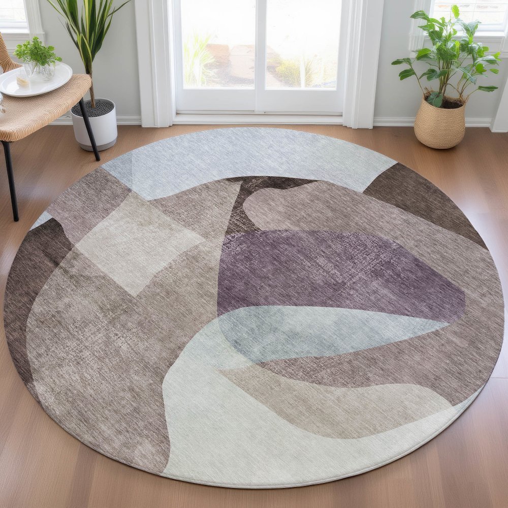 Machine Washable Indoor/Outdoor Chantille ACN2058 Brown 8' x 8' Round Rug. Picture 5