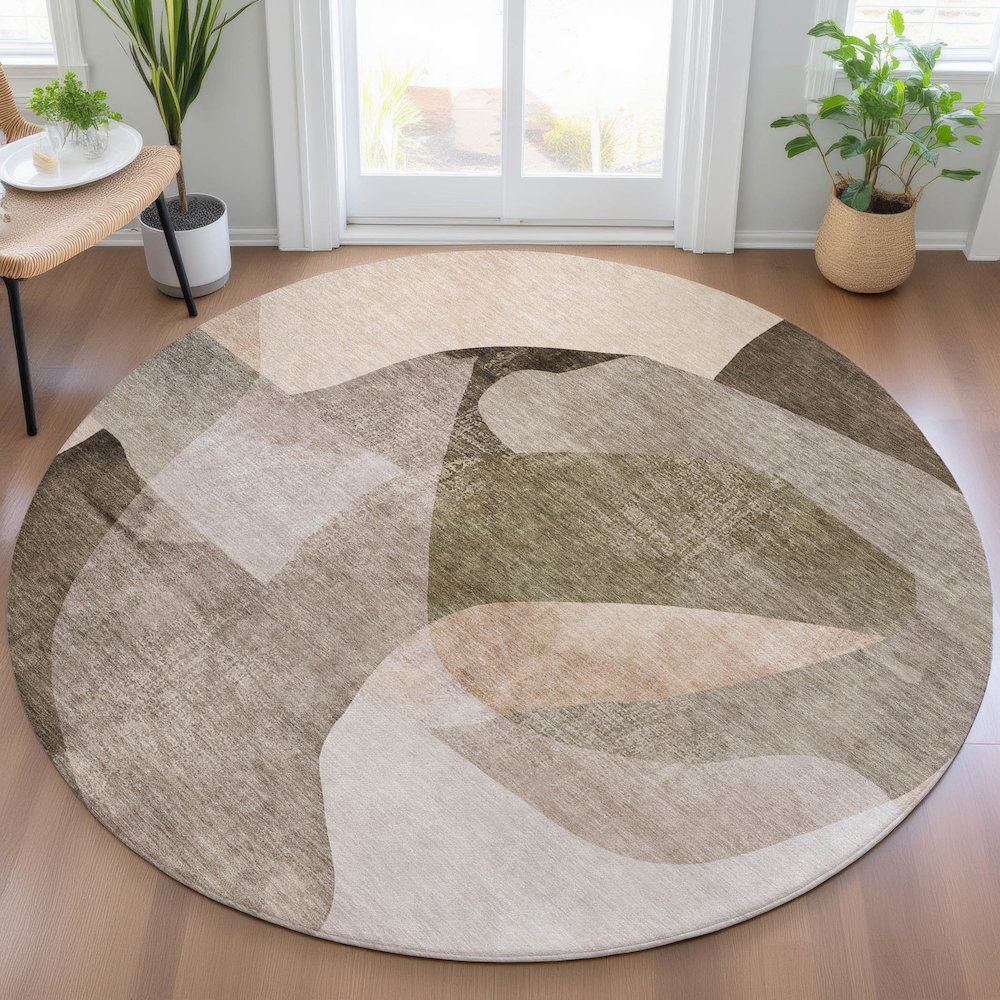 Machine Washable Indoor/Outdoor Chantille ACN2058 Taupe 8' x 8' Round Rug. Picture 5