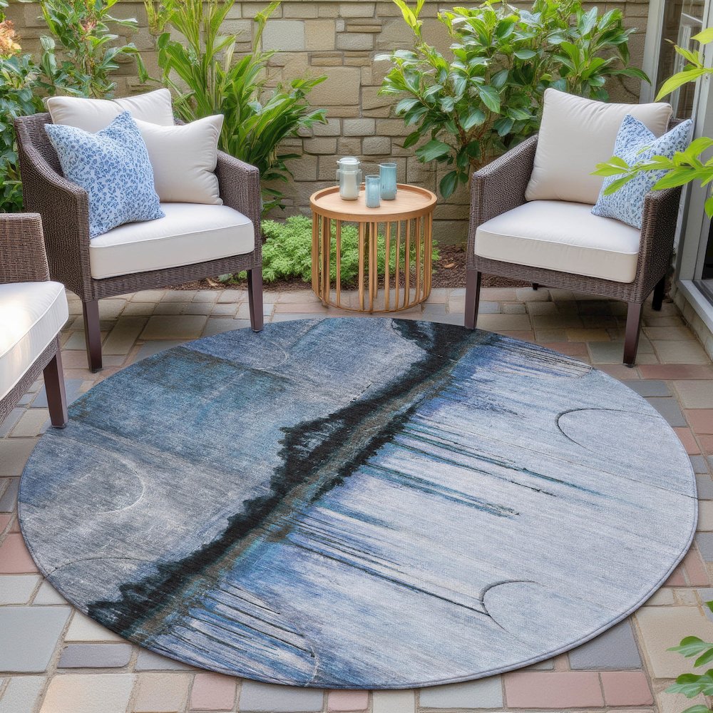 Machine Washable Indoor/Outdoor Chantille ACN2059 Blue 8' x 8' Round Rug. Picture 6