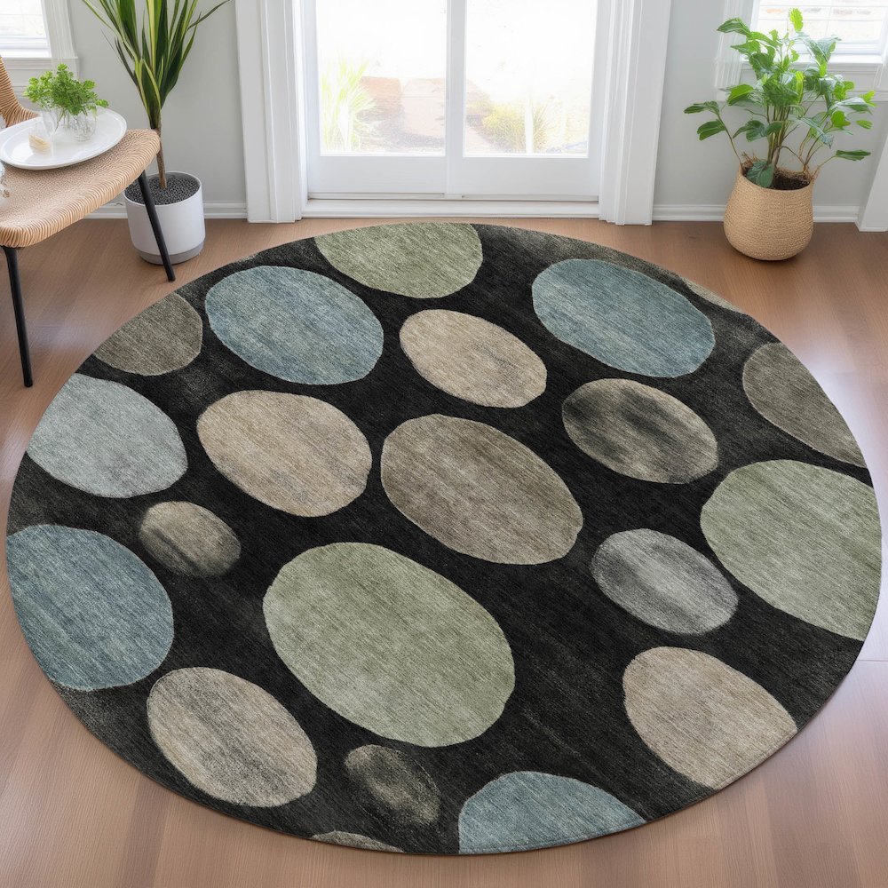 Machine Washable Indoor/Outdoor Chantille ACN2062 Black 8' x 8' Round Rug. Picture 5