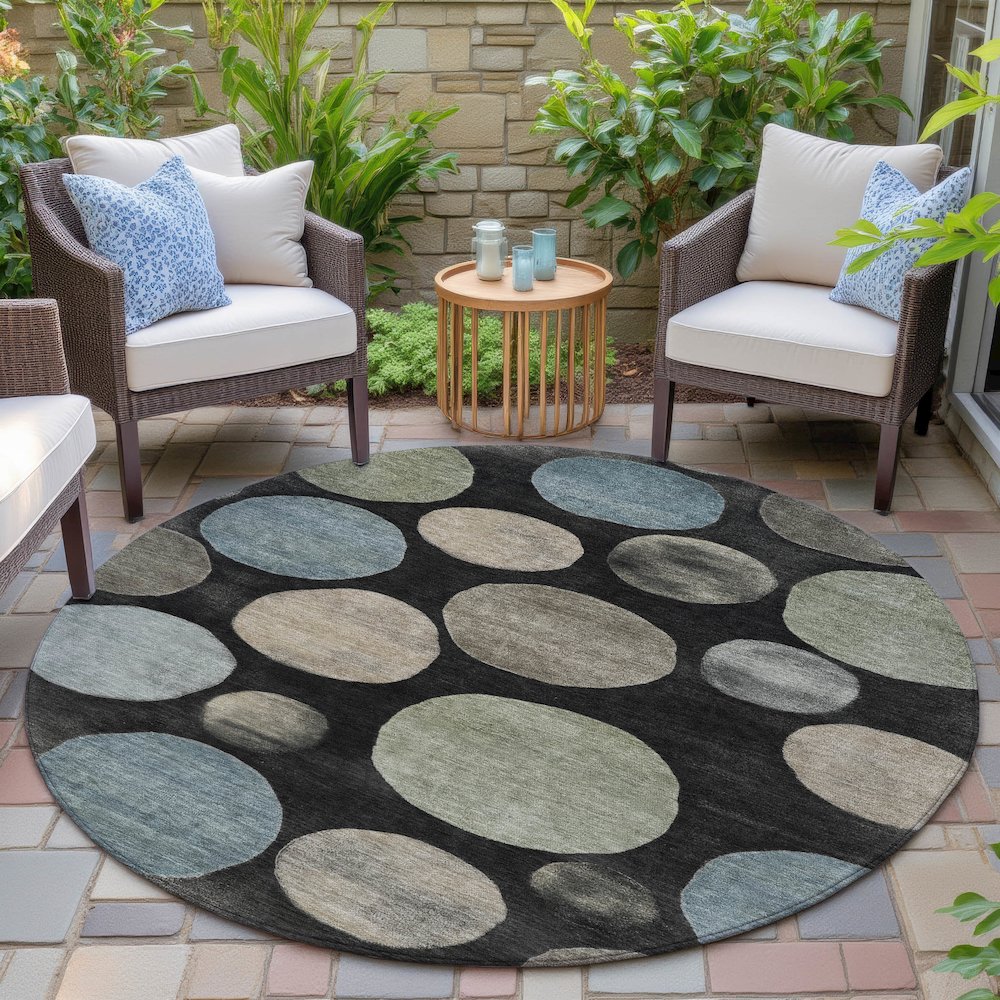 Machine Washable Indoor/Outdoor Chantille ACN2062 Black 8' x 8' Round Rug. Picture 6