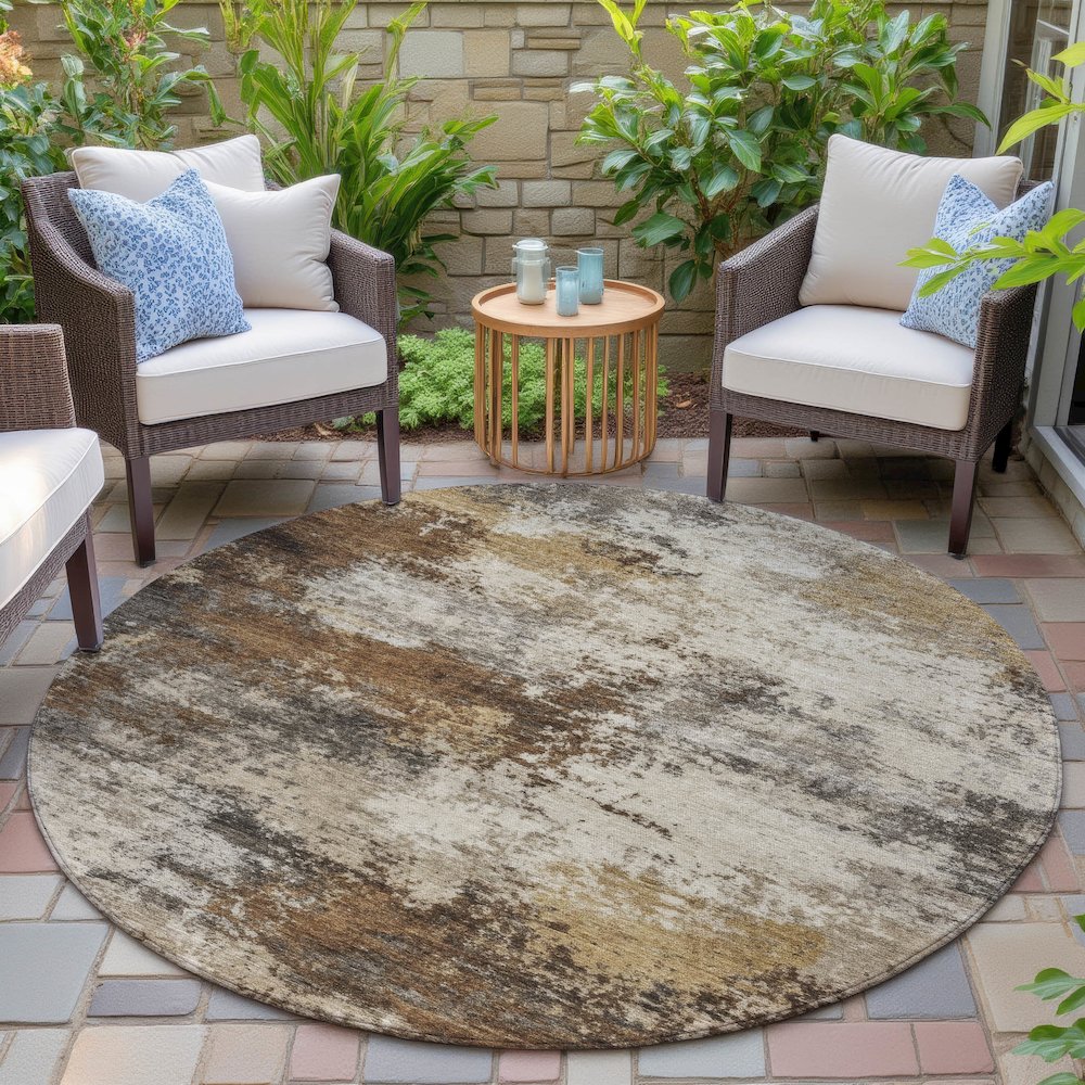 Machine Washable Indoor/Outdoor Chantille ACN2064 Brown 8' x 8' Round Rug. Picture 6