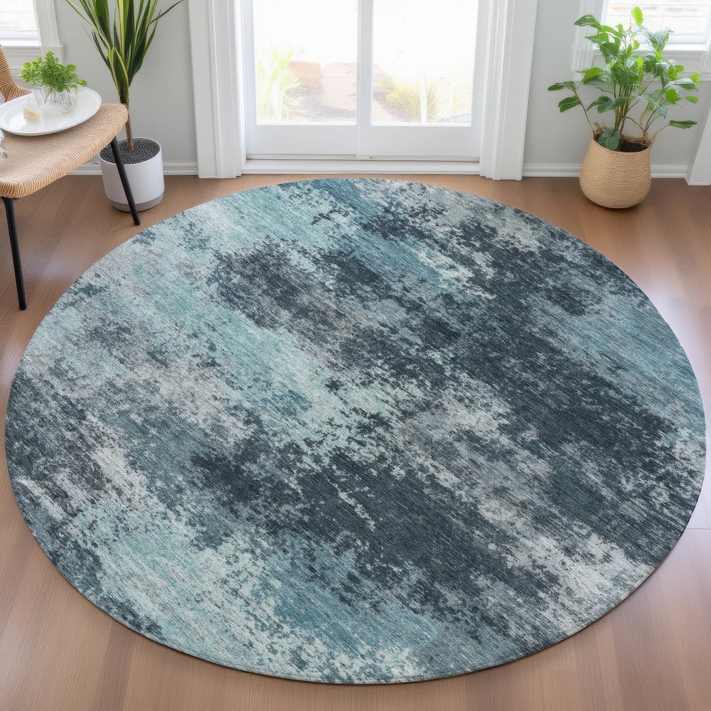Machine Washable Indoor/Outdoor Chantille ACN2065 Teal 8' x 8' Round Rug. Picture 5